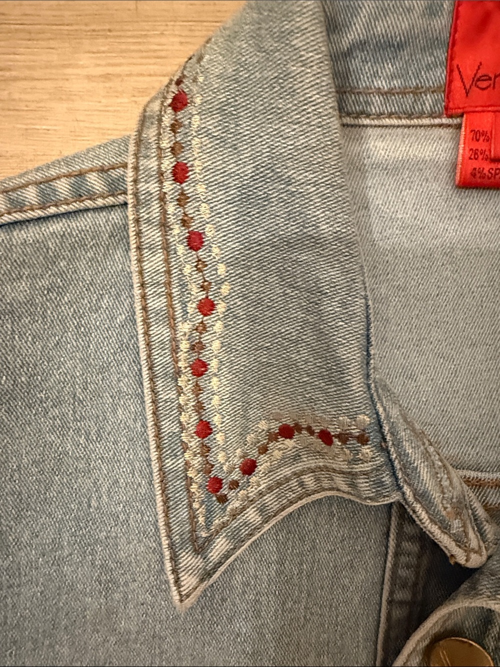 Light Blue Embroidered Denim Jacket with Floral Details - Women - Picture 3 of 7